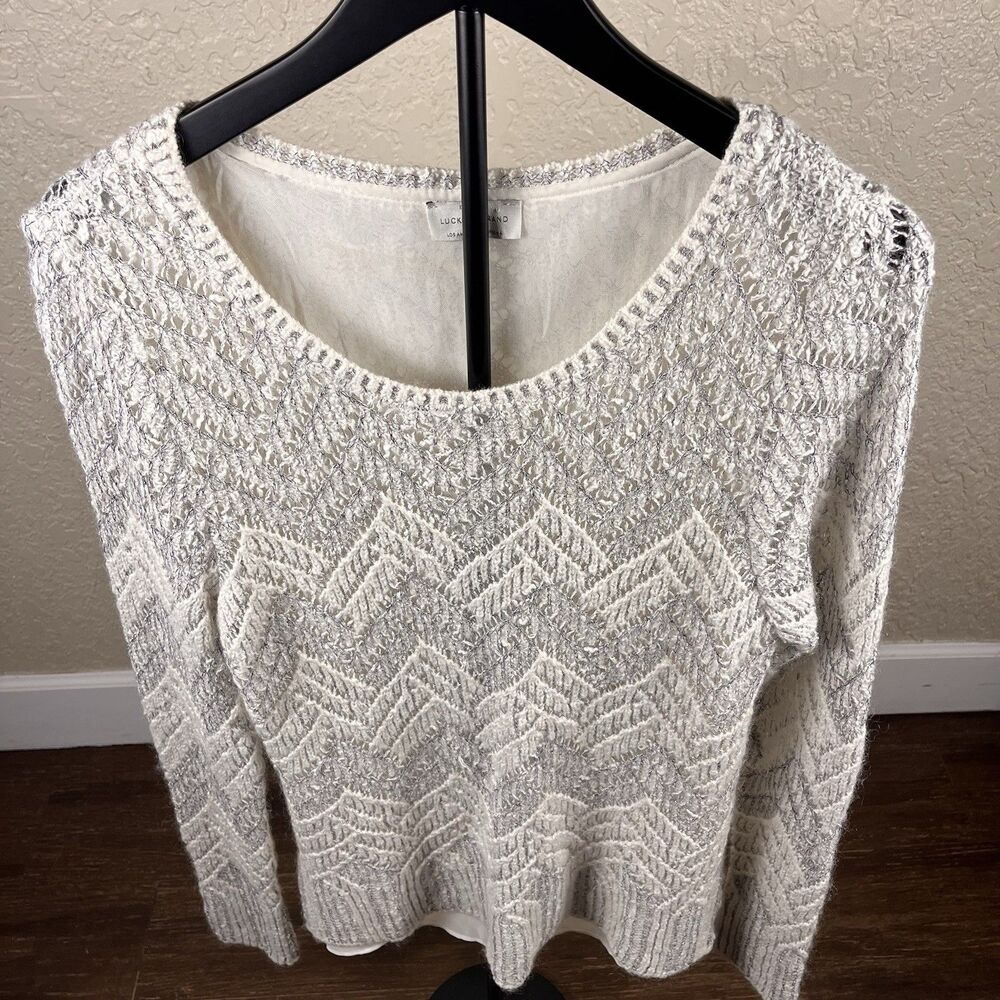 Lucky Brand Sweater Womens Medium Ivory Gray Chevron Stripe Boho Aztec Pullover